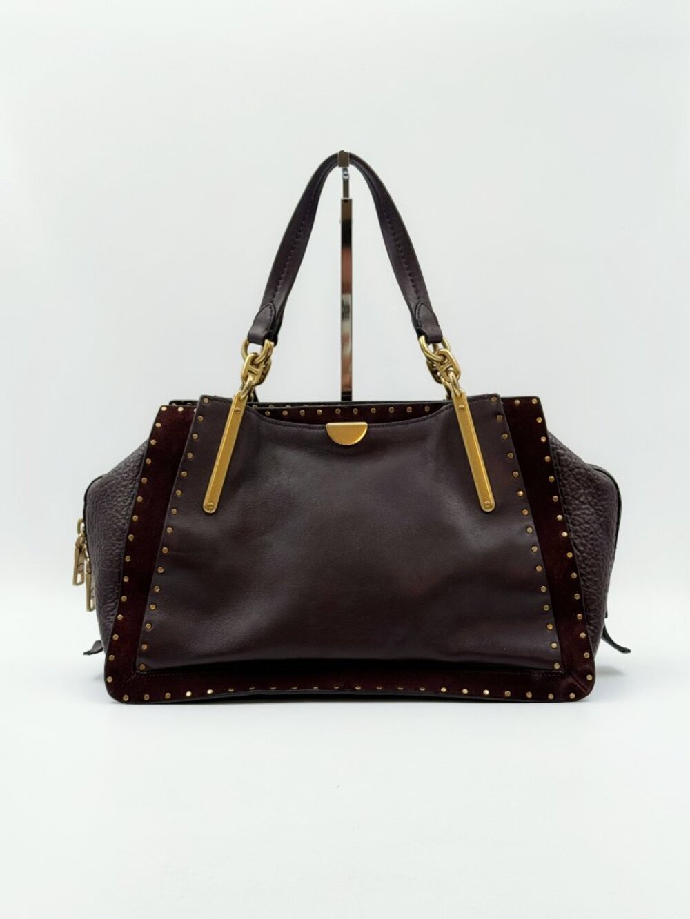 Coach Dark Brown Leather Studded Satchel with Gold Hardware - Picture 2 of 14